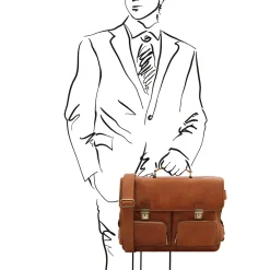 TL SMART Multifach-Aktentasche aus Leder mit Zwei Aufgesetzten Taschen